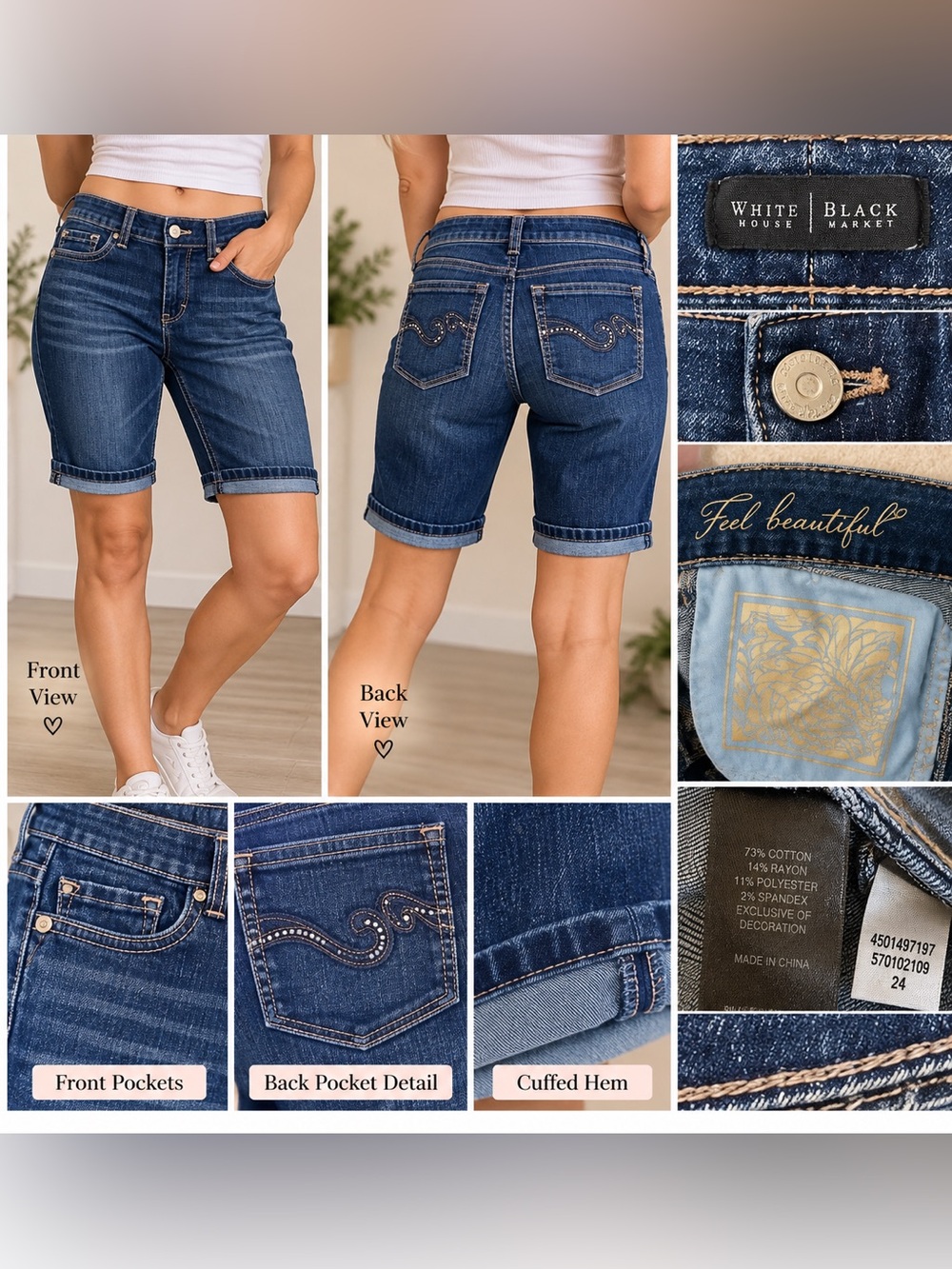 White House Black Market Denim Bermuda Shorts Size 24 Cuffed Embellished